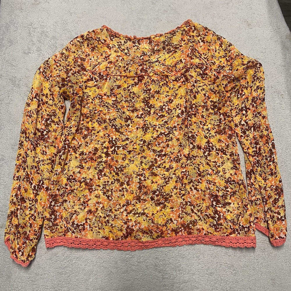 Sundance Silk Blouse Medium Floral Print Sheer Lightweight Ruffle Lace Trim Boho - Picture 3 of 5
